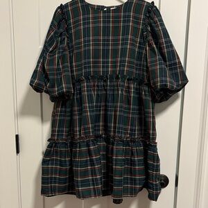 Aura Green Plaid Tiered Puff-Sleeve Mini Dress